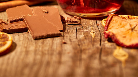 A close-up shot of chocolate bars, dried apple slices, and a warm beverage on a rustic wooden surface, evoking a sense of comfort and autumn.の写真素材