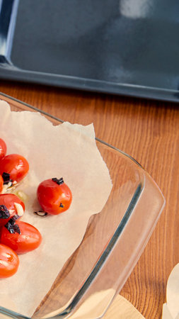 Close-up of glistening roasted cherry tomatoes on parchment paper, being handled by metal tongs on a wooden surface.の写真素材