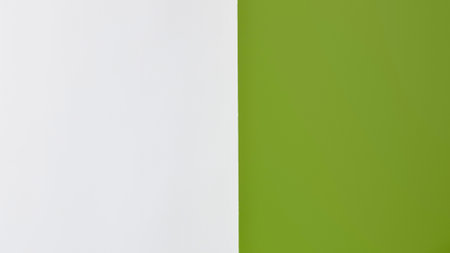 A clean, modern split background with a crisp vertical line separating stark white from a vibrant lime green.の写真素材