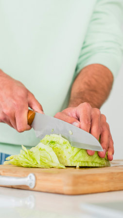 Close-up of hands chopping crisp green lettuce on a wooden board, preparing a healthy meal.の写真素材