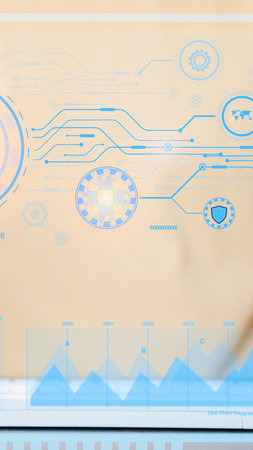 An abstract visual representation featuring interconnected lines, circular diagrams, and a subtle wave pattern at the bottom.の写真素材