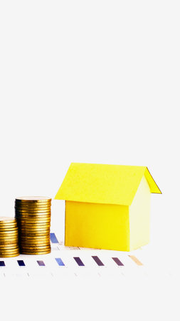 Stacked coins increase in value next to a small yellow house, symbolizing financial growth and the pursuit of homeownership.の写真素材