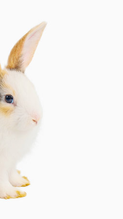 A close-up, side profile of a fluffy white rabbit with brown markings peeking from the left side of the frame against a clean white background.の写真素材