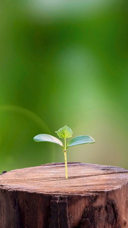 A tiny green seedling emerges from a weathered tree stump, representing growth, resilience, and the continuation of life against a blurred green background.の写真素材