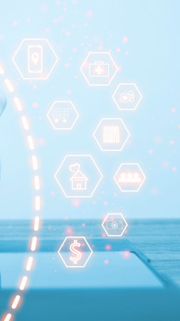 A futuristic digital network visualized with glowing nodes and interconnected lines against a light...