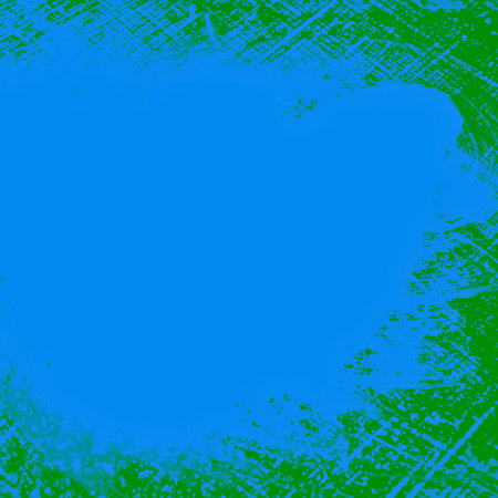 A bright blue central area is framed by a textured, abstract pattern in shades of green, creating a striking visual contrast.の写真素材