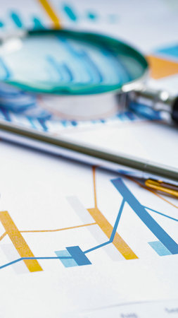 A magnifying glass hovers over colorful financial charts and graphs, suggesting analysis and investigation of data.の写真素材