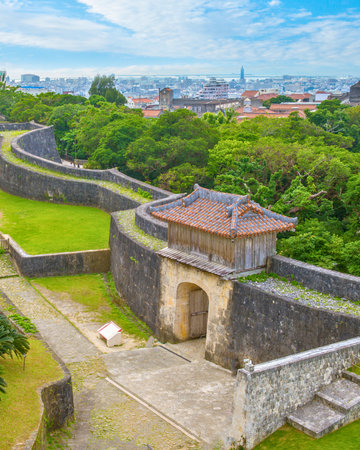 An aerial view of a historic stone fortress gate surrounded by vibrant green trees and overlooking a distant city under a bright sky.の写真素材