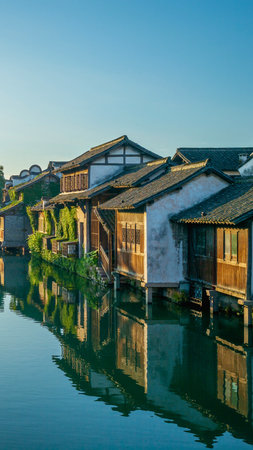 Ancient wooden buildings with tiled roofs line a tranquil canal, their reflections shimmering on the water's surface under a clear blue sky.の写真素材