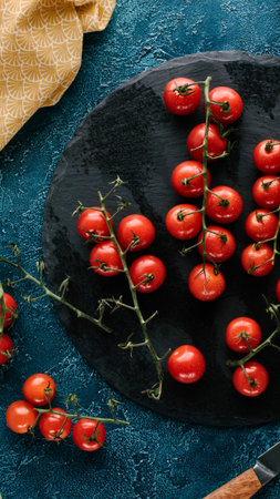 A close-up overhead view of ripe, red cherry tomatoes still attached to their vines, artfully arranged on a dark, textured surface.の写真素材