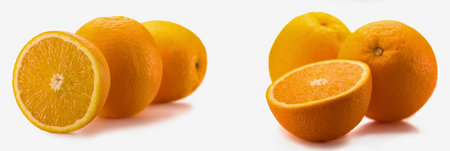 A vibrant display of whole and sliced oranges, showcasing their juicy texture and bright citrus color against a clean white backdrop.の写真素材