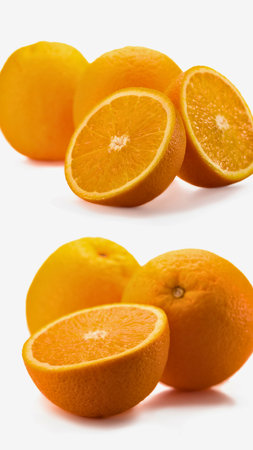 A collection of whole and halved oranges, showcasing their vibrant color and juicy texture on a clean white surface.の写真素材