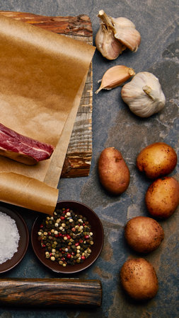 A rustic overhead shot of raw meat, garlic, potatoes, salt, and spices, prepared for a culinary creation.の写真素材