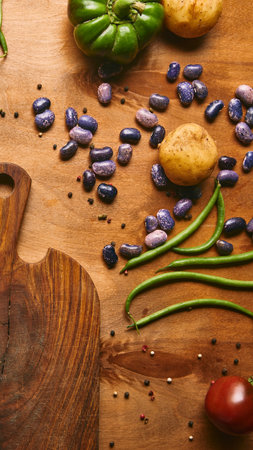 A vibrant assortment of fresh vegetables and beans are artfully arranged on a rustic wooden cutting board, ready for preparation.の写真素材