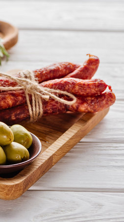 A close-up shot of cured sausages tied with twine, served alongside a small bowl of olives on a wooden cutting board.の写真素材