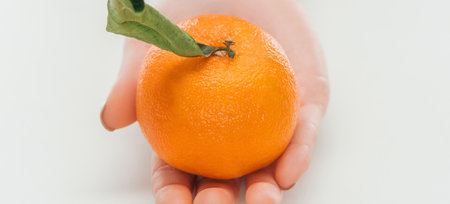 A close-up shot of a person's hand gently holding a vibrant orange with a single green leaf attached.の写真素材