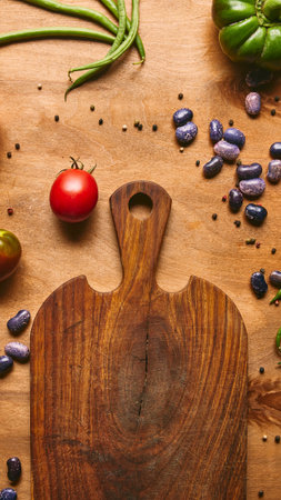 A rustic wooden cutting board is surrounded by fresh vegetables like tomatoes, green beans, and peppers, with scattered peppercorns.の写真素材