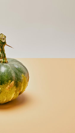 A single, bumpy green and yellow squash rests on a light peach surface, against a pale gray background.の写真素材