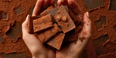 A close-up overhead shot shows hands cradling broken pieces of dark chocolate. The chocolate and surrounding surface are generously dusted with rich cocoa powder.の写真素材
