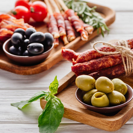 A rustic wooden board displays an assortment of appetizers, including olives, cherry tomatoes, and cured meats, perfect for sharing.の写真素材