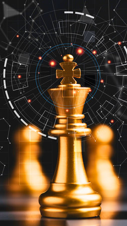 A gleaming golden chess king stands in sharp focus, leading two blurred pawns forward against a dark, abstract background with cosmic elements.の写真素材
