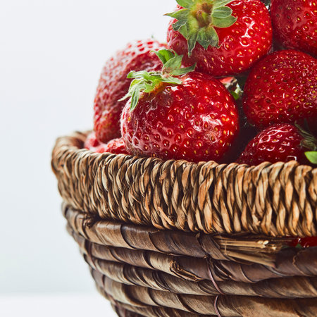 A close-up shot of a rustic woven basket brimming with vibrant, juicy red strawberries, showcasing their texture and freshness.の写真素材