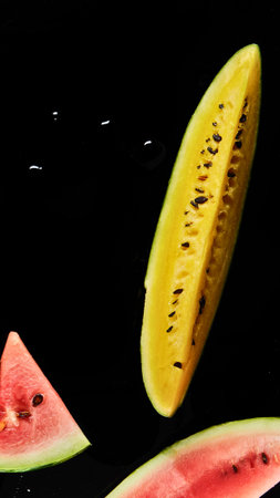 A bright yellow, elongated fruit slice hovers near vibrant red watermelon pieces against a stark black backdrop.の写真素材