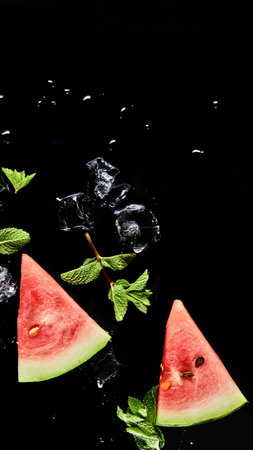 Two juicy watermelon slices with fresh mint leaves are artfully arranged on a dark, reflective surface, creating a cool and inviting visual.の写真素材