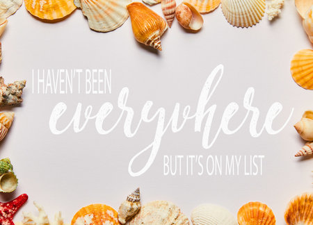 A collection of various seashells arranged around a light gray background with a handwritten quote...
