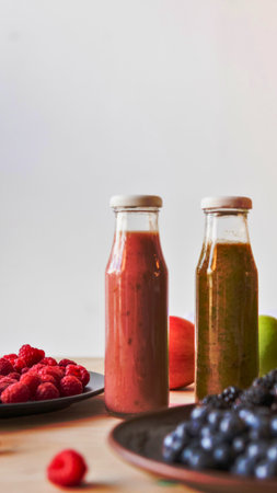 Two colorful fruit smoothies in glass jars sit on a wooden surface surrounded by fresh raspberries and blueberries.の写真素材