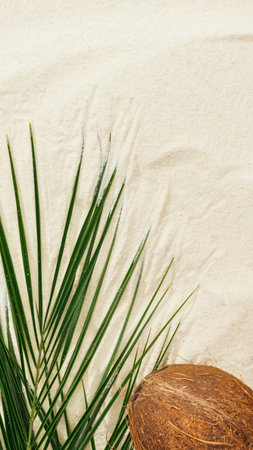 A close-up of a green palm frond and a brown coconut against a textured, neutral background.の写真素材