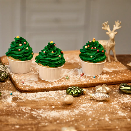 Three green frosted cupcakes decorated to look like Christmas trees, surrounded by festive holiday elements and a small reindeer figurine.の写真素材