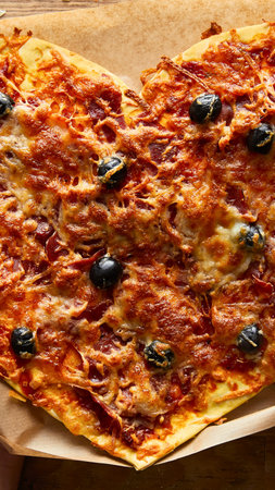 A delicious heart-shaped pizza topped with tomato sauce, melted cheese, and black olives, presented on parchment paper.の写真素材