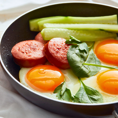 A close-up shot of a frying pan filled with sunny-side-up eggs, sliced sausage, fresh spinach, and celery sticks.の写真素材