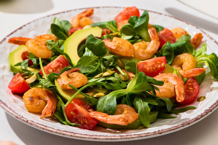 A vibrant salad featuring plump shrimp, creamy avocado slices, juicy cherry tomatoes, and crisp leafy greens on a decorative plate.の写真素材