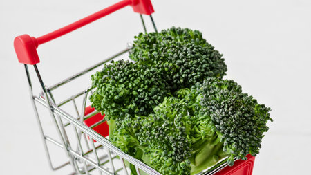 A close-up shot of vibrant green broccoli florets nestled inside a small, red-handled shopping cart against a plain background.の写真素材