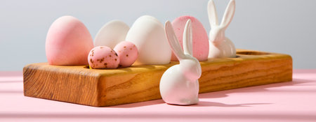 A collection of pastel pink and white soaps of various shapes are arranged in a rustic wooden block holder.の写真素材