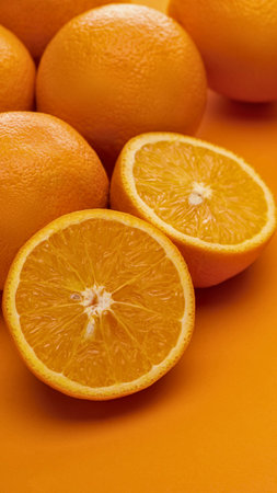 A close-up shot of whole and halved oranges, showcasing their vibrant color and juicy texture against a matching orange surface.の写真素材