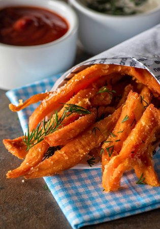 Golden brown sweet potato fries seasoned with herbs, served with ketchup and a green dip on a checkered napkin.の写真素材
