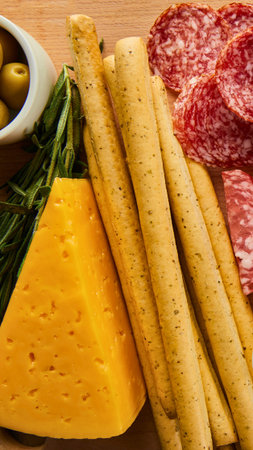 A close-up shot of a charcuterie board featuring a wedge of cheese, breadsticks, olives, and sliced salami.の写真素材