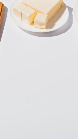 A close-up shot of a white plate with butter, set against a clean white surface with soft shadows.の写真素材