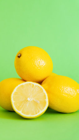 A close-up shot of several bright yellow lemons, with one sliced in half, against a solid green backdrop.の写真素材
