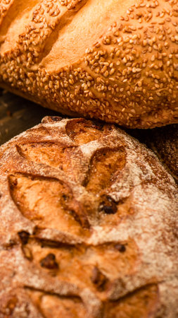 Two rustic sourdough bread loaves are stacked, showcasing their golden brown, textured crusts and inviting crumb.の写真素材