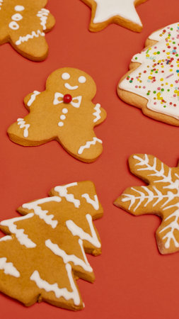 A close-up view of various decorated Christmas cookies, including a gingerbread man, star, and Christmas trees, on a red background.の写真素材