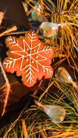 A close-up shot of a beautifully decorated snowflake gingerbread cookie nestled among pine branches and shimmering holiday ornaments.の写真素材