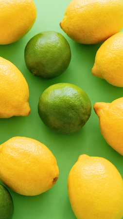 A top-down view of several bright yellow lemons and two vibrant green limes arranged randomly on a textured green background.の写真素材
