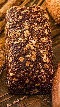A close-up, detailed view of a dense, rectangular energy bar made from a mixture of oats, nuts, seeds, and dried fruit.の写真素材
