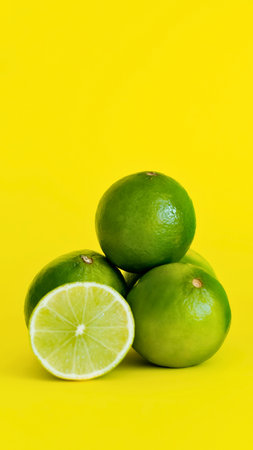 A close-up shot features a stack of four bright green limes, with one lime cut in half, revealing its juicy interior against a solid yellow backdrop.の写真素材