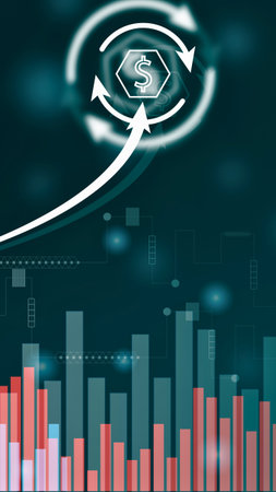A futuristic digital display shows cryptocurrency growth charts and financial market data with a focus on upward trends and analysis.の写真素材