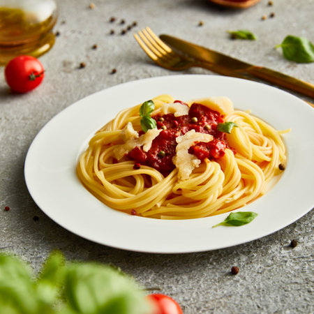 A close-up shot of a white plate filled with perfectly cooked spaghetti, topped with a rich tomato sauce and grated parmesan cheese.の写真素材
